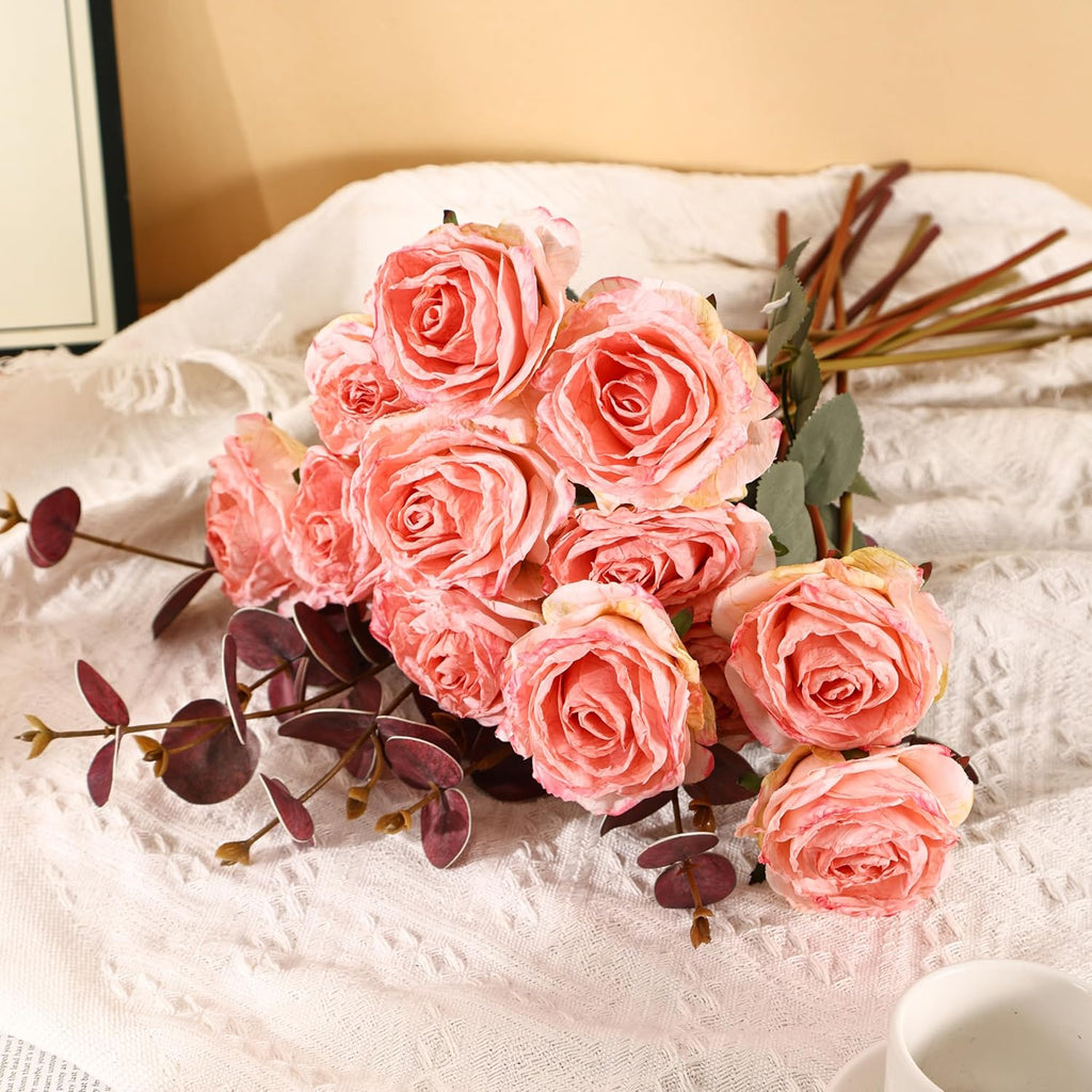 Kimura's Cabin 12pcs Pink Lifelike Artificial Roses Flowers with Stem Faux Silk Rose Bouquet Dried Roses Fake Flowers for Valentines Day Home Centerpiece Wedding Party DIY Decoration (Light Pink)