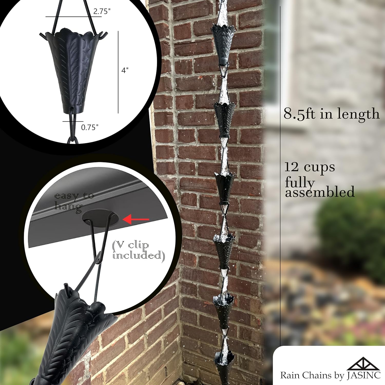 8.5 ft Leaf Cups Black Powder Coated, to Replace Roof Gutter Downspout, with Installation Kit, Rainwater Catcher/Water Diverter, JAS8002BLK