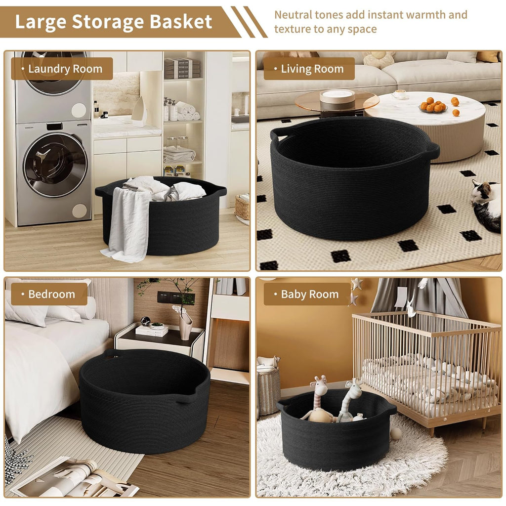 125L Extra Large Blanket Basket, 25" x 16", Jumbo Laundry Woven Baskets Decorative Home, Cotton Rope Basket with Handles, Baby Toy Baskets for Storage, Black