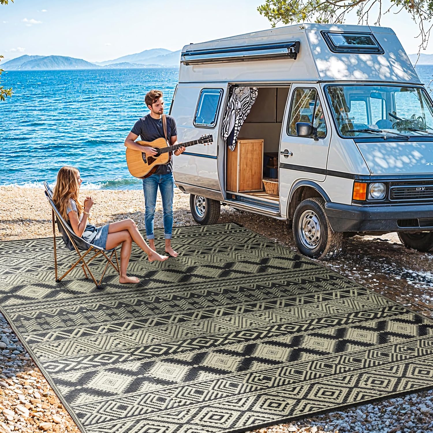 8'x10' Plastic Outdoor Rug - Plastic Straw Rug-Heavy-Duty Waterproof Mat, UV & Fade Resistant for Patio, Camping, RV, Deck, Balcony(8x10,Black&Beige)