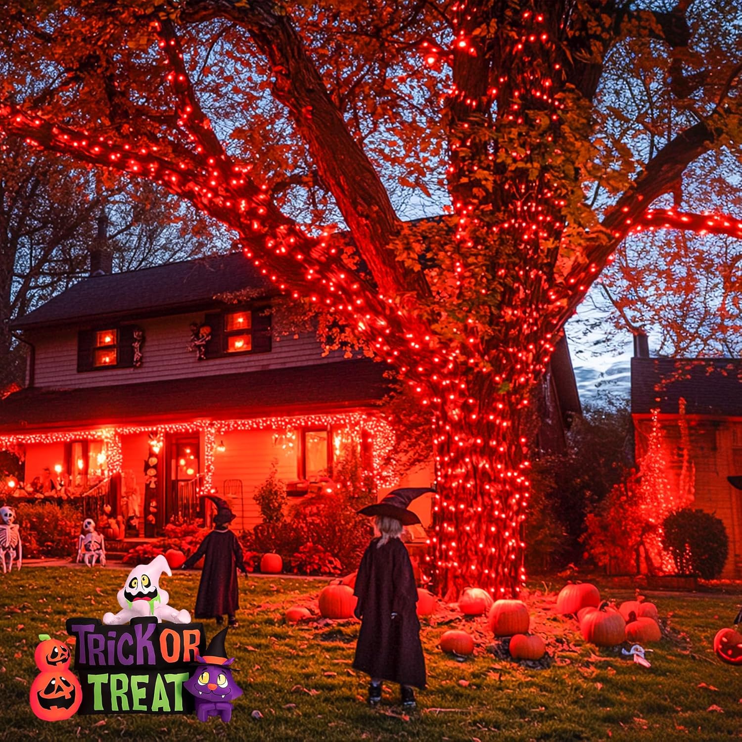 JMEXSUSS 2 Pack Red Solar Lights Outdoor Waterproof, Total 400 LED 151FT Red Halloween Lights, 8 Modes Solar Christmas String Light for Outside Yard Patio Garden Tree Decorations