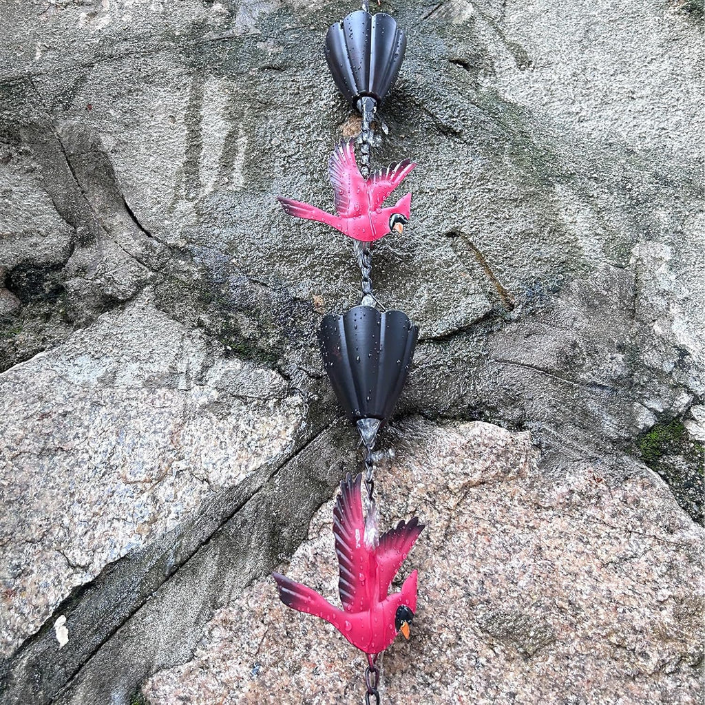 Cardinal Rain Chain, 8.5Ft Rain Chains for Gutters and Downspouts, Metal Decorative Rain Catcher Chain, Bird and Cup Rainwater Gutter Chimes for Outside, Outdoor Garden Decor