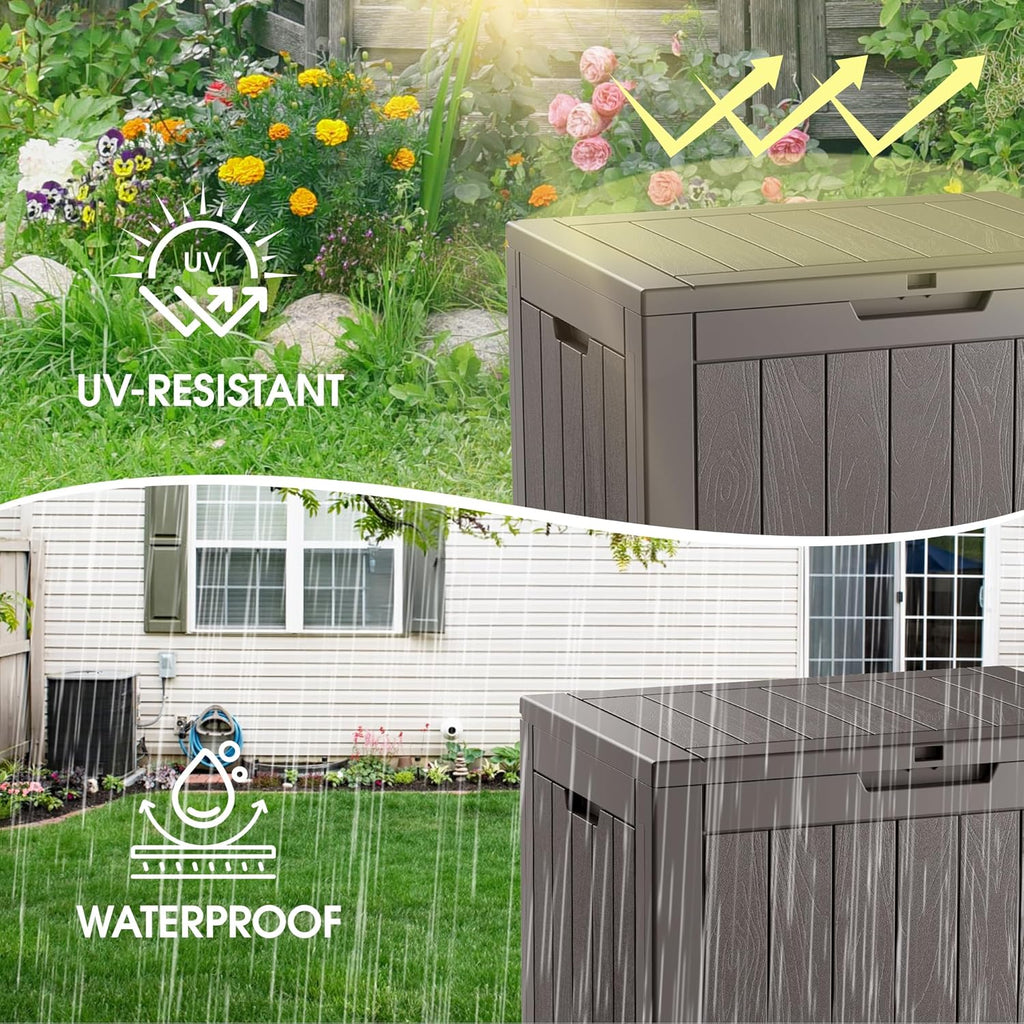 KAMABOKO Deck Box, 35 Gallon Resin Indoor and Outdoor Storage Boxes Waterproof for Garden Tools, Pool Accessories Storage Bench, Patio Furniture and Cushions with Lockable Lid, Grey