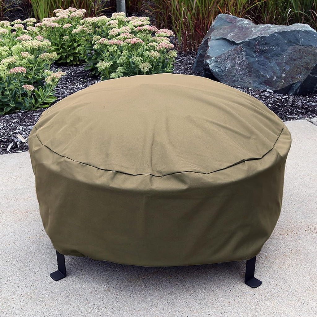 Sunnydaze Heavy-Duty Weather-Resistant Round Fire Pit Cover with Drawstring and Toggle Closure, Khaki PVC, 60 Inch Diameter