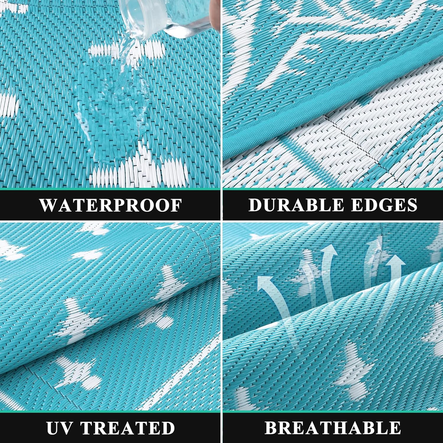 Pauwer Waterproof Outdoor Rug 9x12, Reversible Plastic Straw Patio Camping Rug, Indoor Outdoor RV Mat Carpet for Deck, Camper, Porch, Balcony, Backyard, Picnic, Bordered Teal