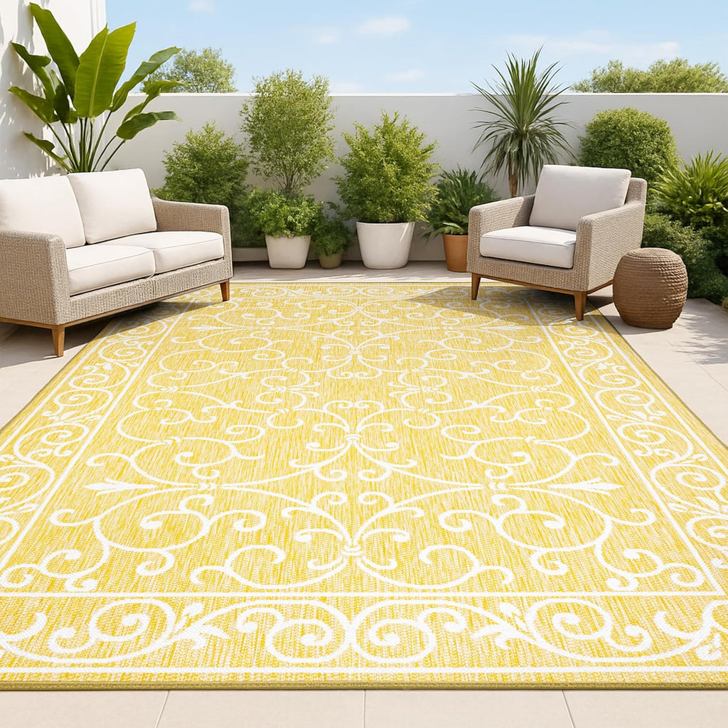 JONATHAN Y SMB106L-5 Charleston Vintage Filigree Textured Weave Indoor Outdoor Area Rug, Classic Traditional Easy-Cleaning,Bedroom,Kitchen,Backyard,Patio,Non Shedding, 5 X 8, Yellow/Cream