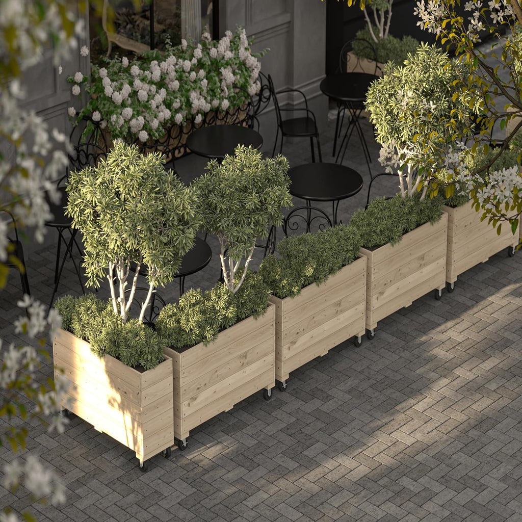 Generic 40x32x12in Indoor/Outdoor Mobile Wood Planter w/Lockable Wheels, Rolling Wood Planter Box Residential/Commercial