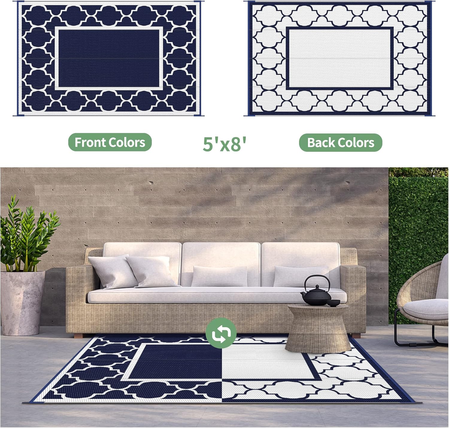 GENIMO 5' x 8' Outdoor Rug Waterproof for Patio Decor, Foldable Reversible Plastic Straw Area Rugs Mat for Camper, Outside Carpet for Rv, Deck, Porch, Picnic, Beach, Balcony, Blue & White