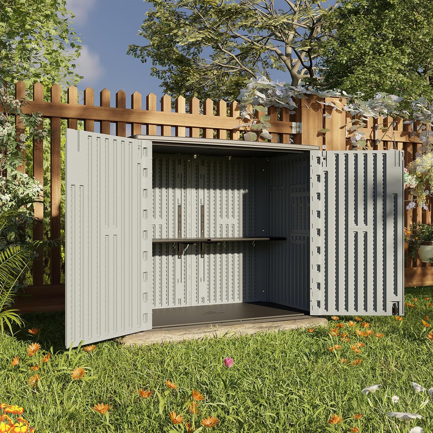 HOMSPARK 37 Cu.Ft Outdoor Storage Shed Weather Resistant, Resin Storage Sheds & Outdoor Storage Box for Backyard Garden Patio Lawn, Multi functional | Double-wall Shed with Lockable Doors,(Light Gray)