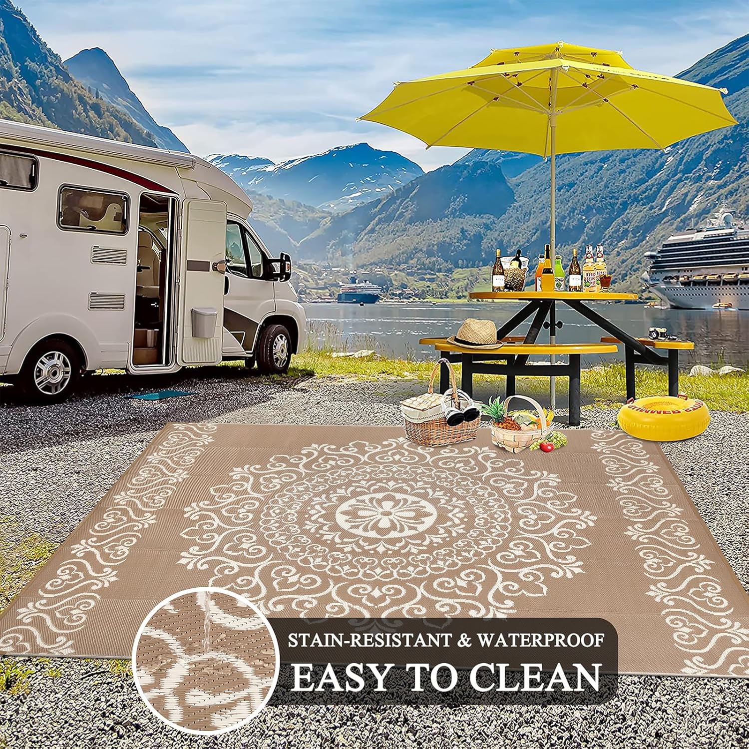 Pauwer Waterproof Outdoor Rug 8x10, Reversible Plastic Straw Patio Camping Rug, Indoor Outdoor RV Mat Carpet for Deck, Camper, Porch, Balcony, Backyard, Picnic, Floral Brown