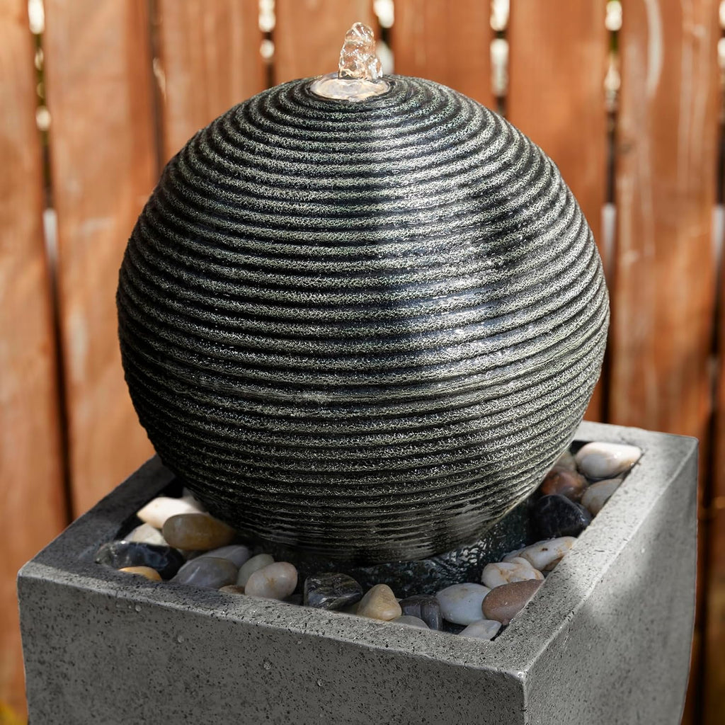 Glitzhome Modern Geometric Outdoor Water Fountain with LED Light, Oversized Pedestal Water Fountains with Submersible Pump, Sphere Floor Standing Fountain with Pebbles for Garden Patio Decor, 40.5”H