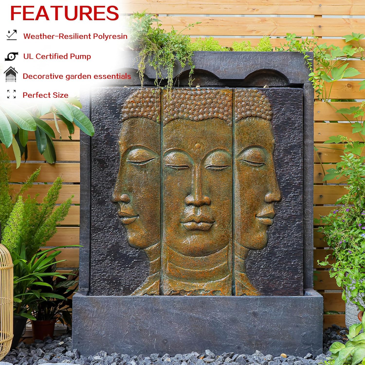 Zen Buddha Outdoor Fountain - Large Indoor Water Fountains Waterfall with Planting Groove Wall Water Feature for Garden Patio Backyard Deck Lawn Home Decor, 45 inchesTall, Gold