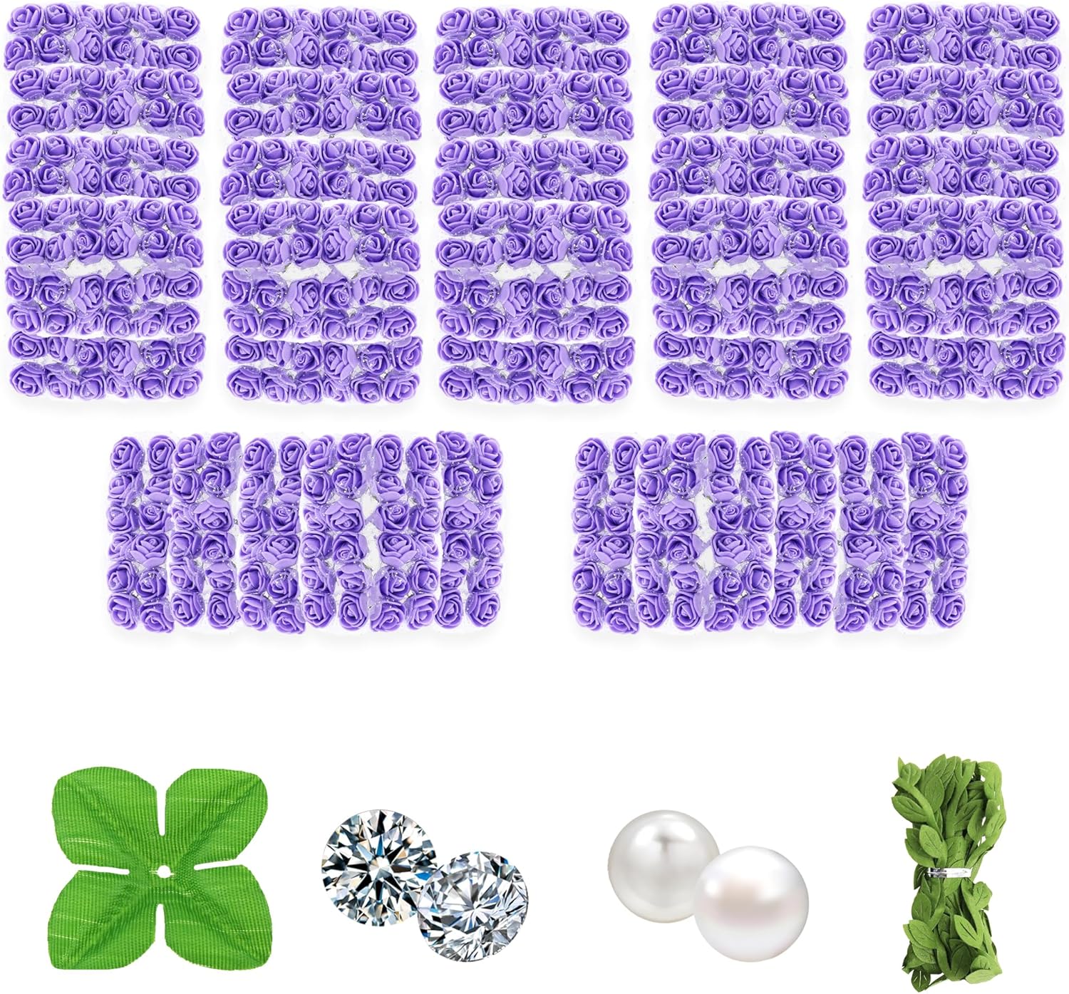 500 Pcs 0.6 Inch Mini Artificial Flowers Head Bulk 5 in 1 Set Faux Foam Fake Small Rose Tiny Baby Flores Bouquet Wreath Gift Hair Clip Home Decoration DIY Craft (Purple)