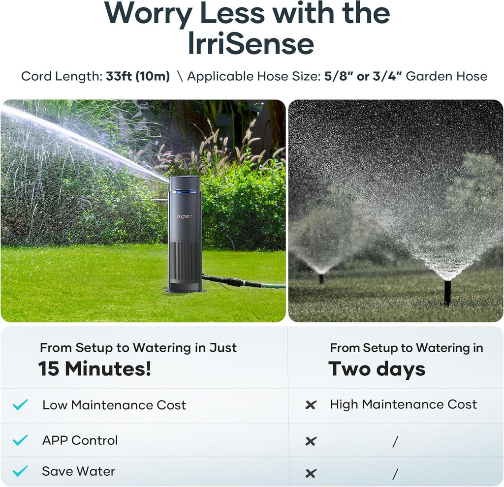 AIPER IrriSense Smart Sprinkler Irrigation System, App-Controlled, Custom Watering Map & Schedule, DIY Install, Covers up to 4,800 sq.ft., Weather Adaptive & Water-Saving, Gray