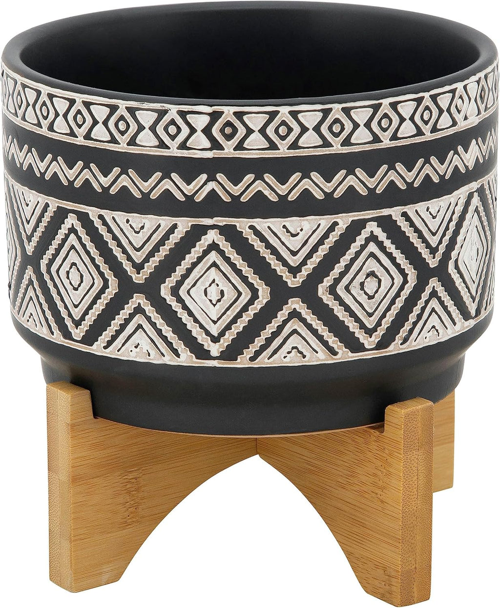 Sagebrook Home Ceramic Planter with Stand - Decorative Stoneware Pot for Indoor & Outdoor Use - Modern Boho Design with Wooden Base - Stylish Plant Holder for Succulents & Flowers - 8", Black