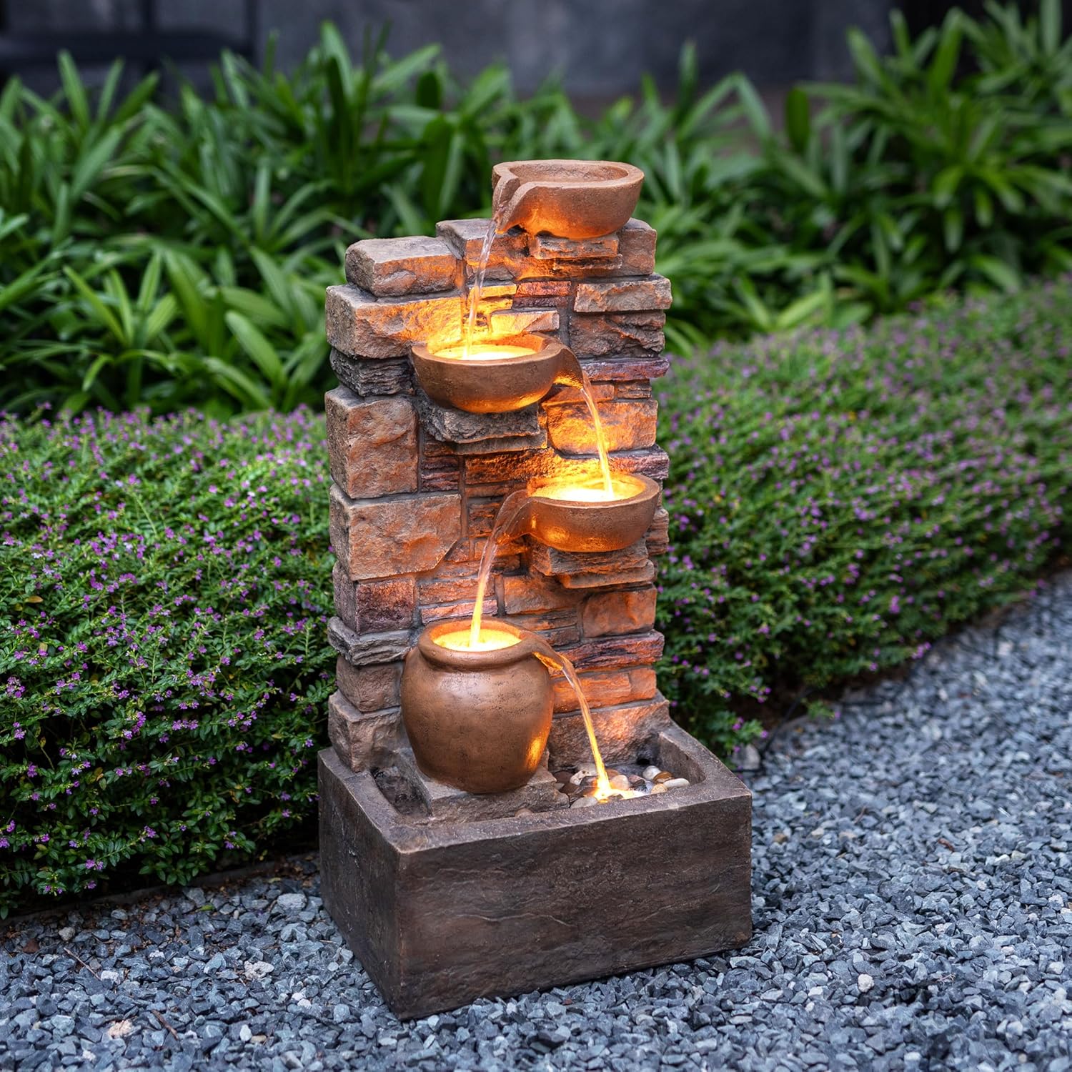 Teamson Home 28.5" Outdoor 4-Tier Stacked Stone Cascading Water Fountain with LED Lights, Brown