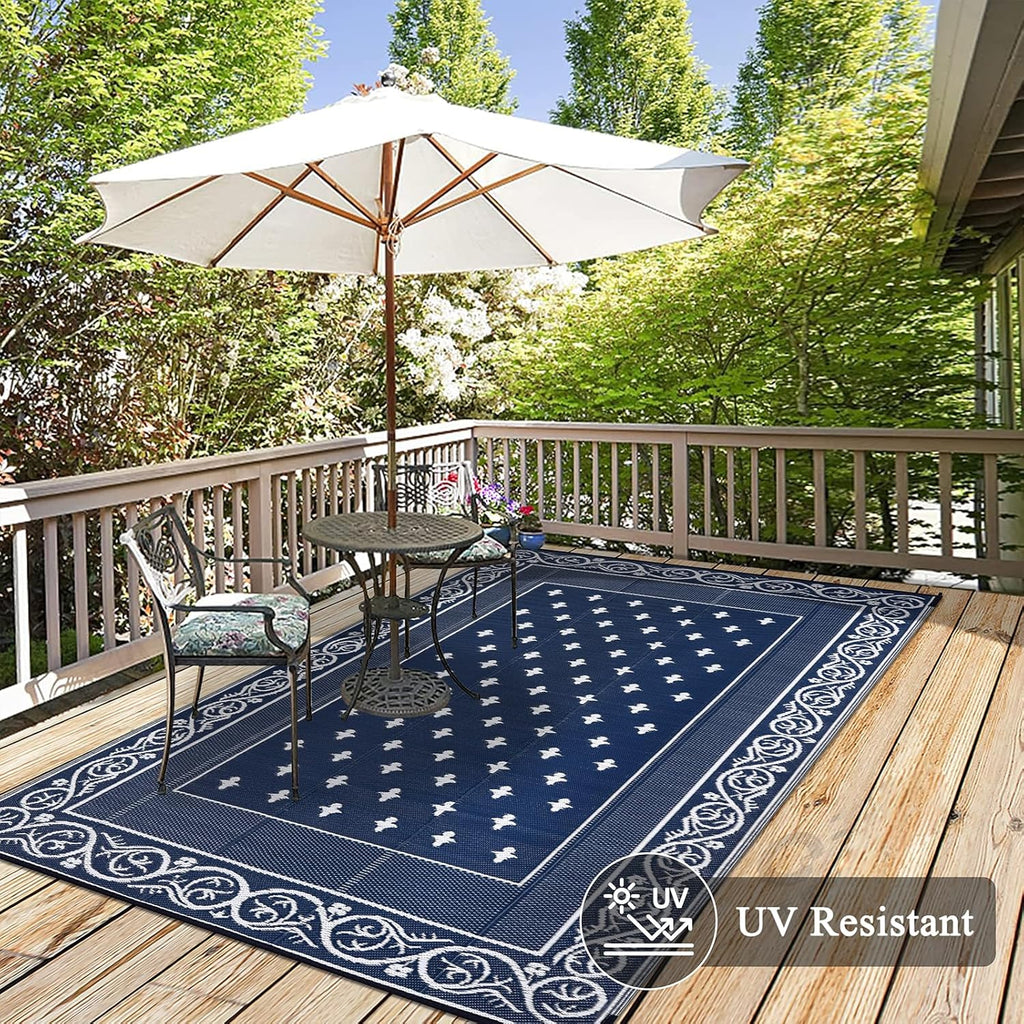 Pauwer Waterproof Outdoor Rug 8x10, Reversible Plastic Straw Patio Camping Rug, Indoor Outdoor RV Mat Carpet for Deck, Camper, Porch, Balcony, Backyard, Picnic, Bordered Navy