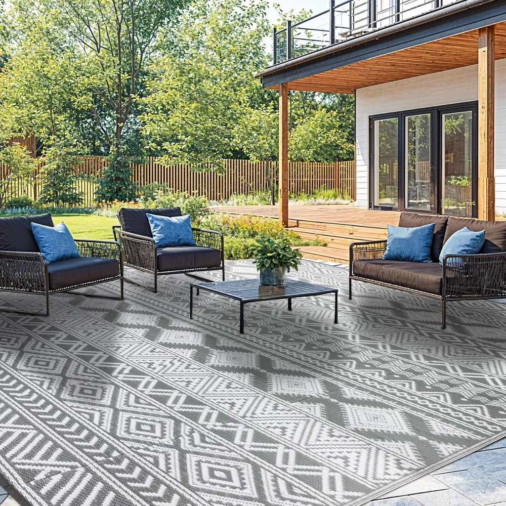 9'x12' Reversible Outdoor Rug - Eco-Friendly Plastic Straw Rug-Heavy-Duty Waterproof Mat, UV & Fade Resistant for Patio, Camping, RV, Deck, Balcony(9x12,Gray&White)