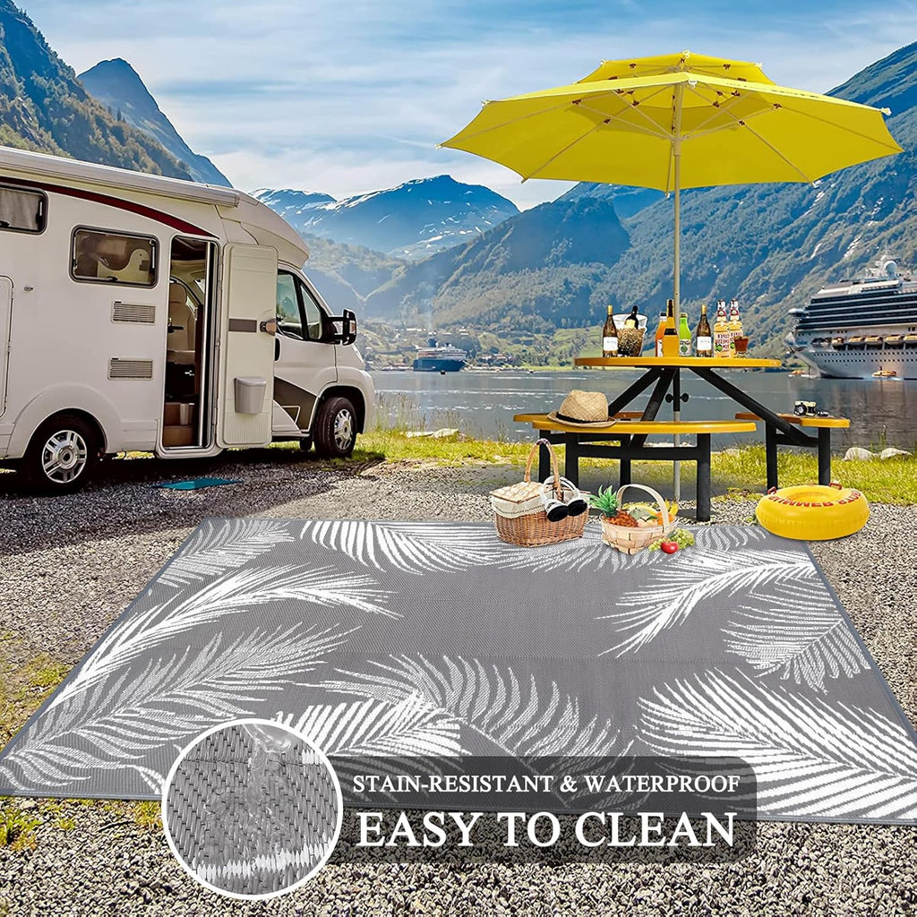 Pauwer Waterproof Outdoor Rug 8x10, Reversible Plastic Straw Patio Camping Rug, Indoor Outdoor RV Mat Carpet for Deck, Camper, Porch, Balcony, Backyard, Picnic, Leaf Grey