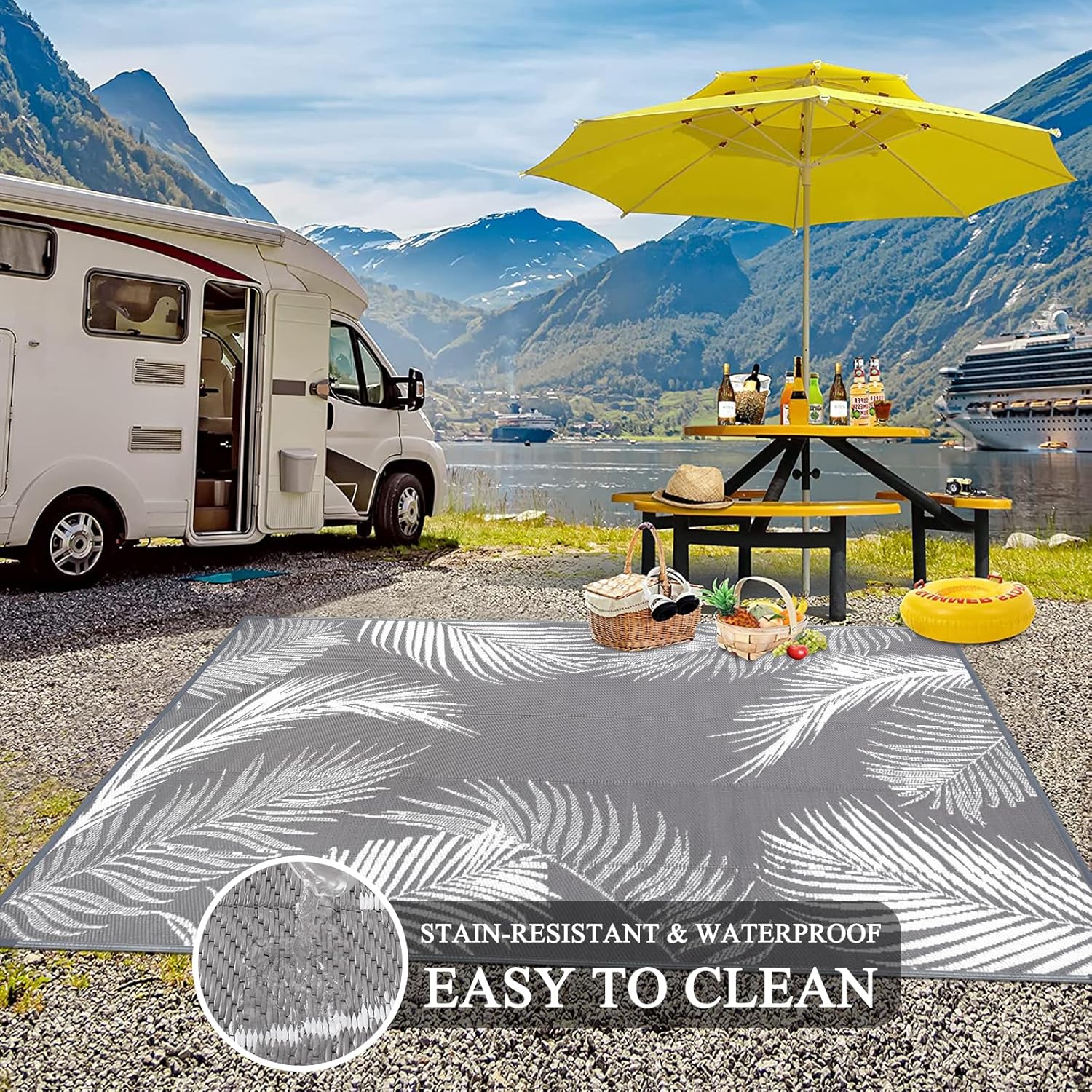 Pauwer Waterproof Outdoor Rug 8x10, Reversible Plastic Straw Patio Camping Rug, Indoor Outdoor RV Mat Carpet for Deck, Camper, Porch, Balcony, Backyard, Picnic, Leaf Grey