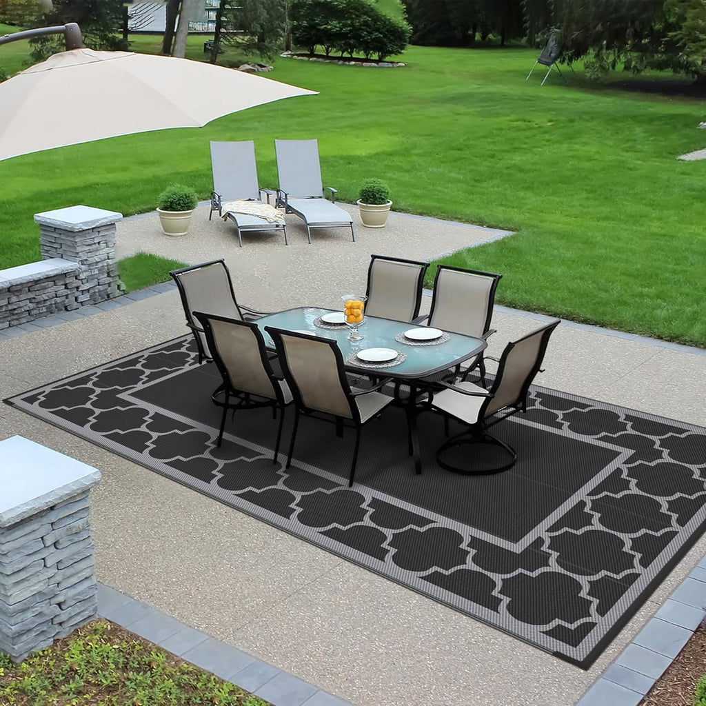 GENIMO 9' x 18' Outdoor Rug Waterproof for Patio, Foldable Reversible Plastic Straw Area Rugs Mat for Rv Decor, Outside Carpet for Camper, Deck, Picnic, Beach, Balcony, Porch, Black & Grey