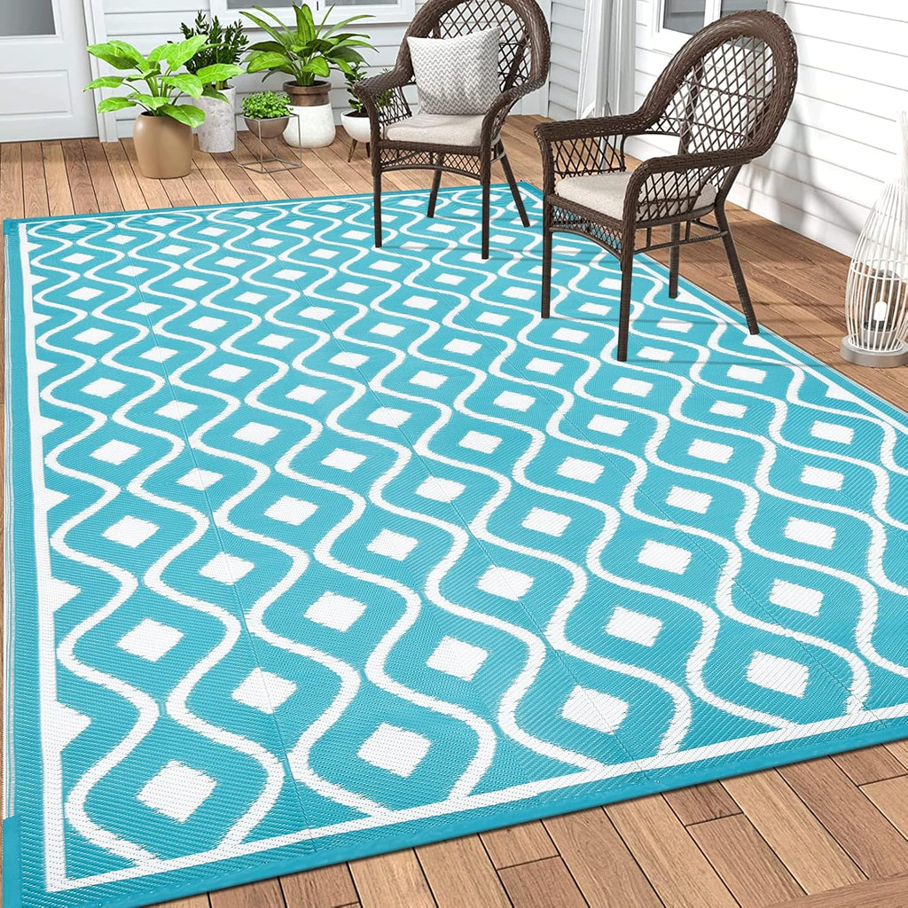 Pauwer Waterproof Outdoor Rug 8x10, Reversible Plastic Straw Patio Camping Rug, Indoor Outdoor RV Mat Carpet for Deck, Camper, Porch, Balcony, Backyard, Picnic, Geometric Teal