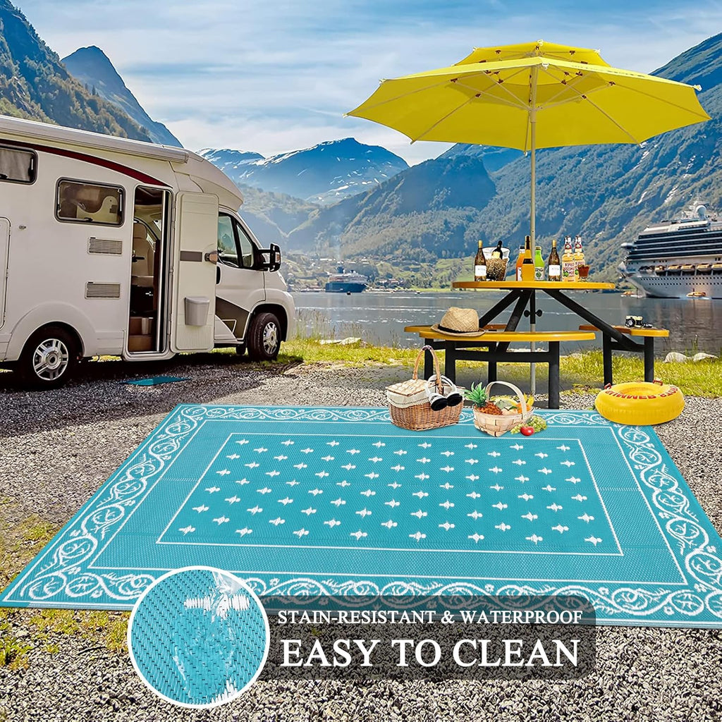 Pauwer Waterproof Outdoor Rug 6x9, Reversible Plastic Straw Patio Camping Rug, Indoor Outdoor RV Mat Carpet for Deck, Camper, Porch, Balcony, Backyard, Picnic, Bordered Teal