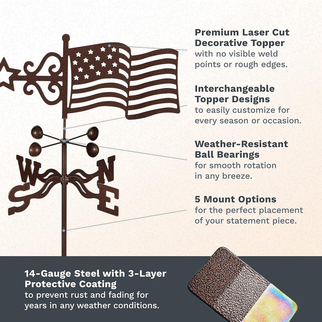 EZ Vane Steel USA Flag Weathervane 80” Height, Includes Metal Garden Mount, Wind Cups & Brackets | Hand-Crafted and Family-Owned, Made in The USA with Triple Powder Coating, Limited
