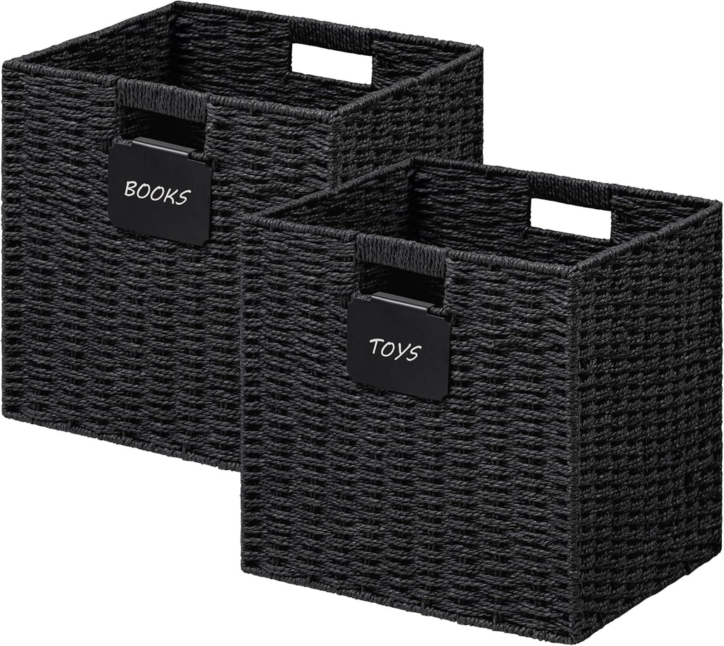 UBBCARE 2 Pack Wicker Basket, 12×12 Storage Cubes with Label, Foldable Cube Storage Bin with Handle, Square Storage Basket for Shelves, Woven Paper Rope Basket for Organizing, Black