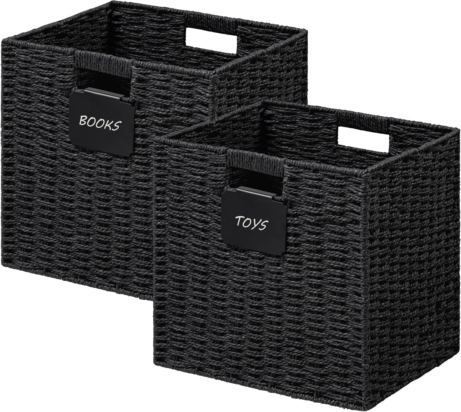 UBBCARE 2 Pack Wicker Basket, 12×12 Storage Cubes with Label, Foldable Cube Storage Bin with Handle, Square Storage Basket for Shelves, Woven Paper Rope Basket for Organizing, Black