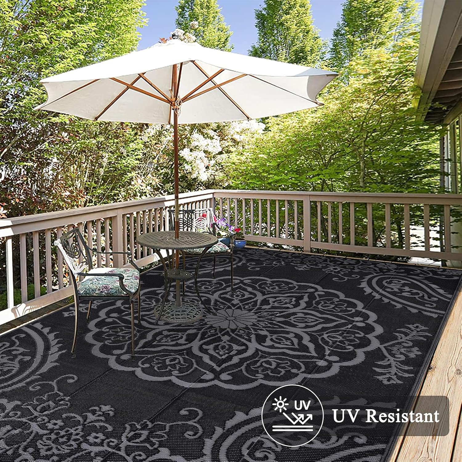 Pauwer Waterproof Outdoor Rug 6x9, Reversible Plastic Straw Patio Camping Rug, Indoor Outdoor RV Mat Carpet for Deck, Camper, Porch, Balcony, Backyard, Picnic, Boho Black Grey