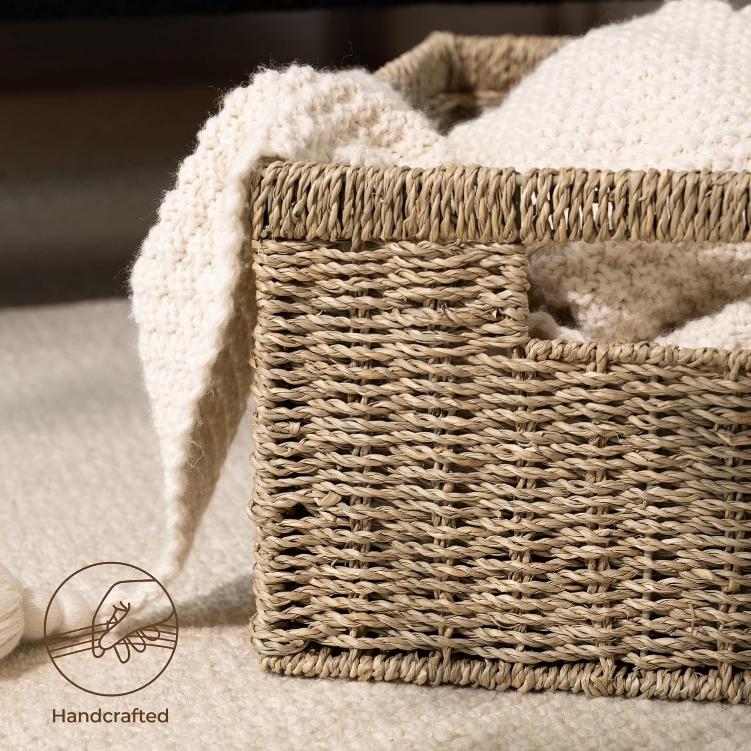 StorageWorks Wicker Storage Baskets, Large and Small Baskets, Handwoven Seagrass Basket for Organizing, Decorative Organizers with Built-in Handles, Set of 2