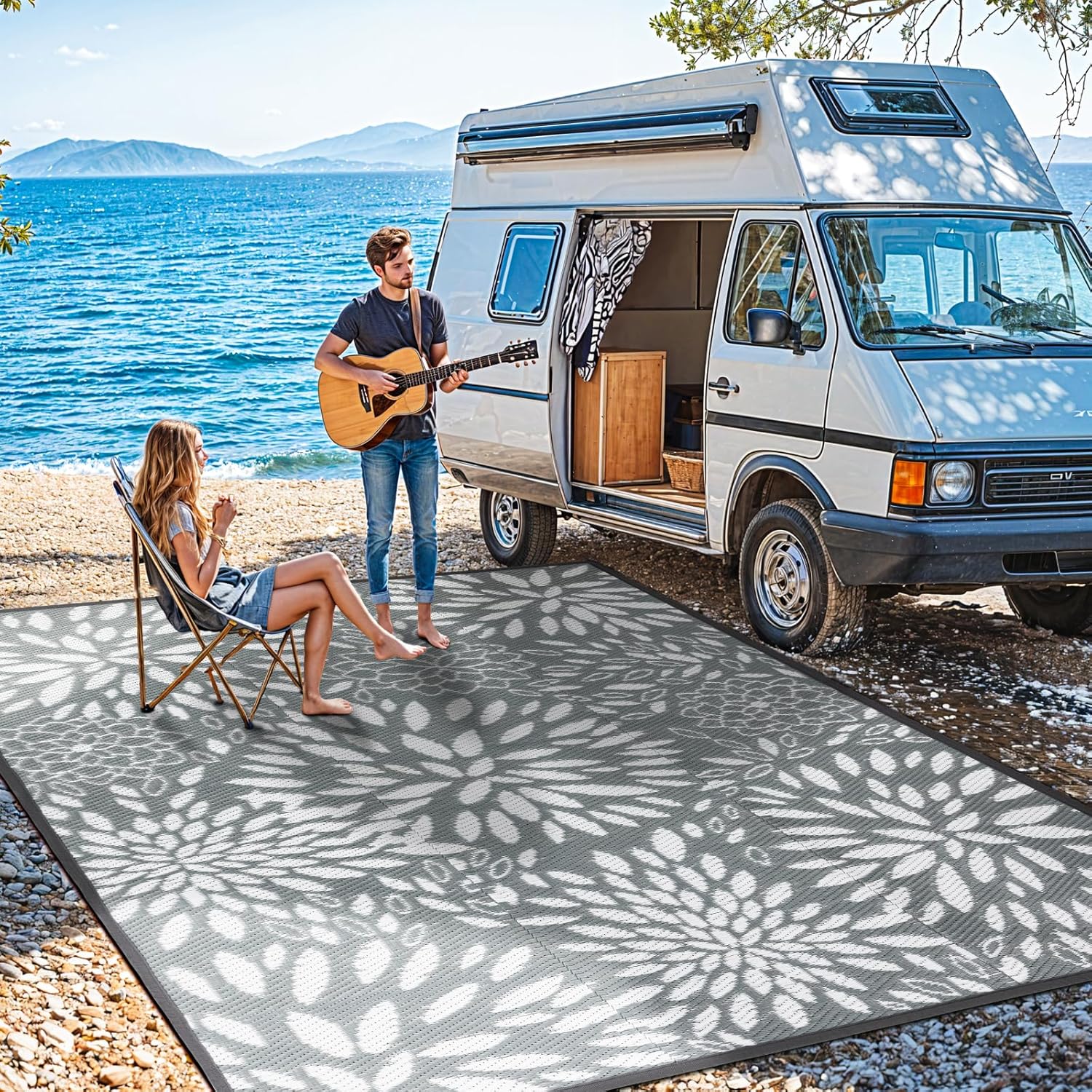 8'x10' Reversible Outdoor Rug - Eco-Friendly Plastic Straw Rug-Heavy-Duty Waterproof Mat, UV & Fade Resistant for Patio, Camping, RV, Deck, Balcony(8x10,Gray&Floral)