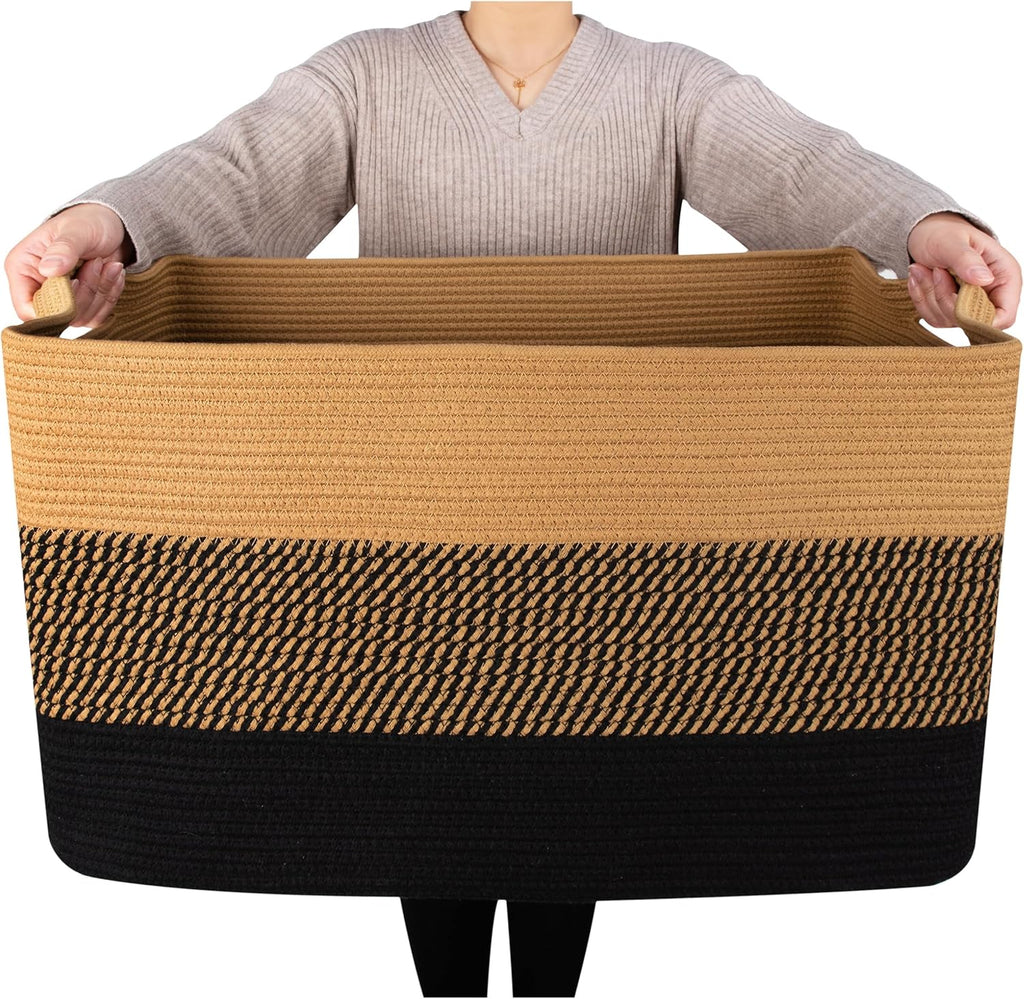 MINTWOOD Design 22in Extra Large Blanket Basket Holder for Living Room, Rectangle Rope Woven Storage Bin with Handles for Laundry, Pool Towels, and Shoes, Dog Toy Box Organizer, Black Jute