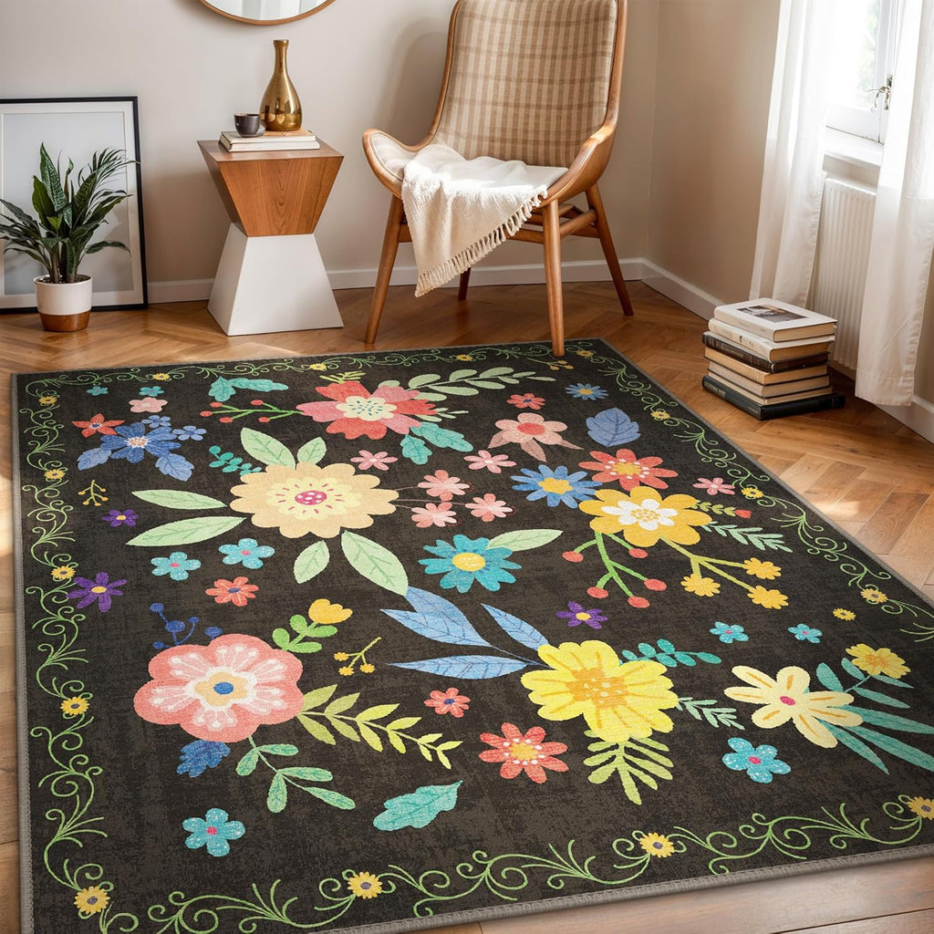 GENIMO Indoor Outdoor Area Rug 5' X 7' Waterproof, Washable Patio Rug Non Shedding, Easy Cleaning Floral Outdoor Carpet for Living Room, Bedroom, Dining Room, Balcony, Backyard, Deck, RV, Black