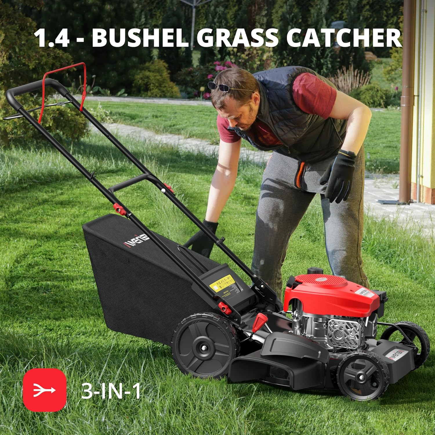 Gas Lawn Mower, 170cc OHV Engine with Forced Air Cooling, 21" Steel Deck, 3-in-1 Mulching/Bagging/Side Discharge, 6 Cutting Heights, 1.4-Bushel Grass Catcher, Self-Propelled