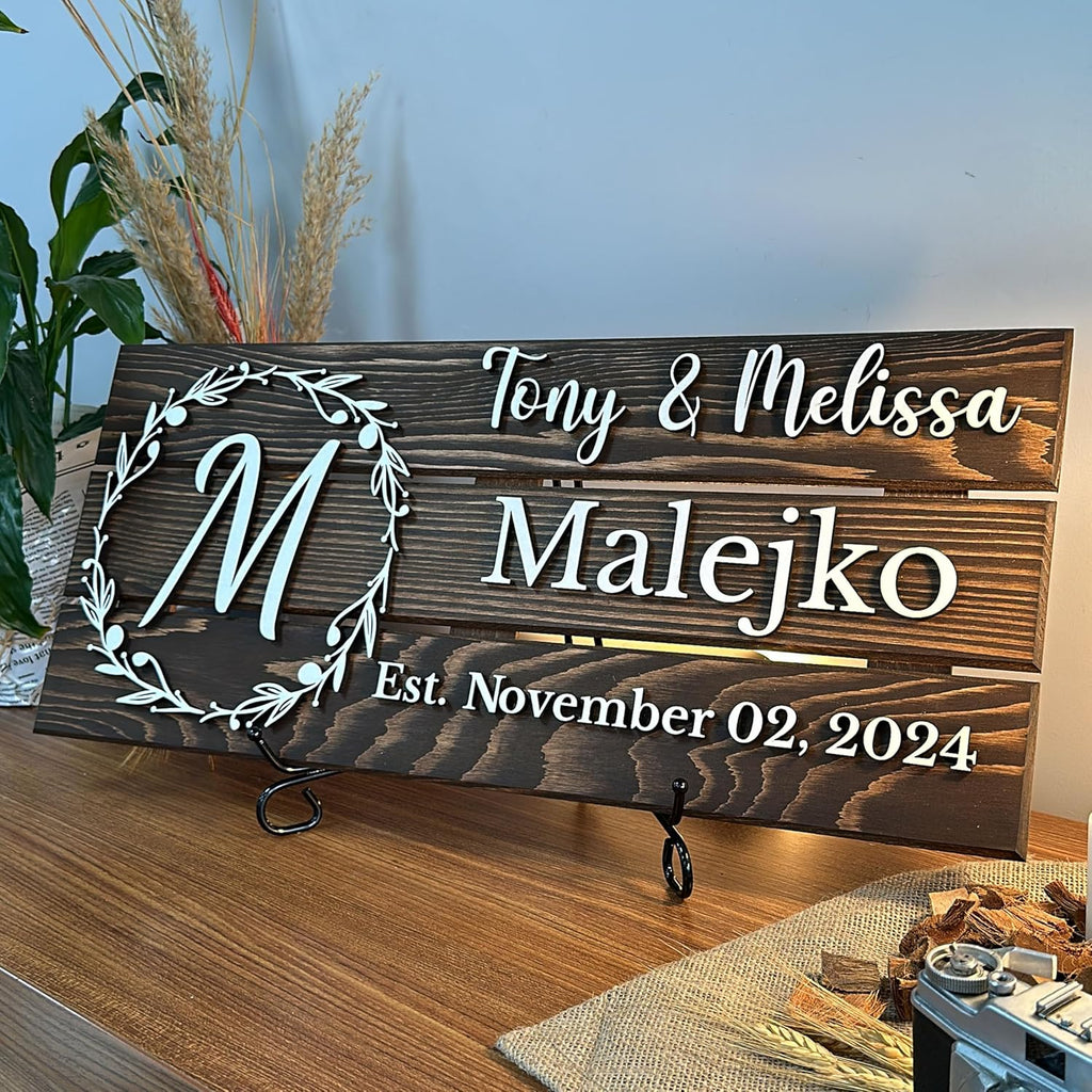 Personalized Wooden Monogram Family Sign with Couples Names, Custom Name Sign, Unique Wedding Gift for Couples, Rustic Established Date Plaque, Gifts for Wife