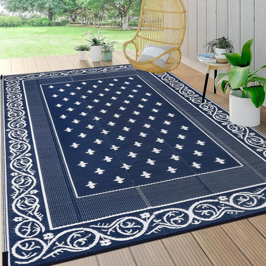 Pauwer Waterproof Outdoor Rug 8x10, Reversible Plastic Straw Patio Camping Rug, Indoor Outdoor RV Mat Carpet for Deck, Camper, Porch, Balcony, Backyard, Picnic, Bordered Navy