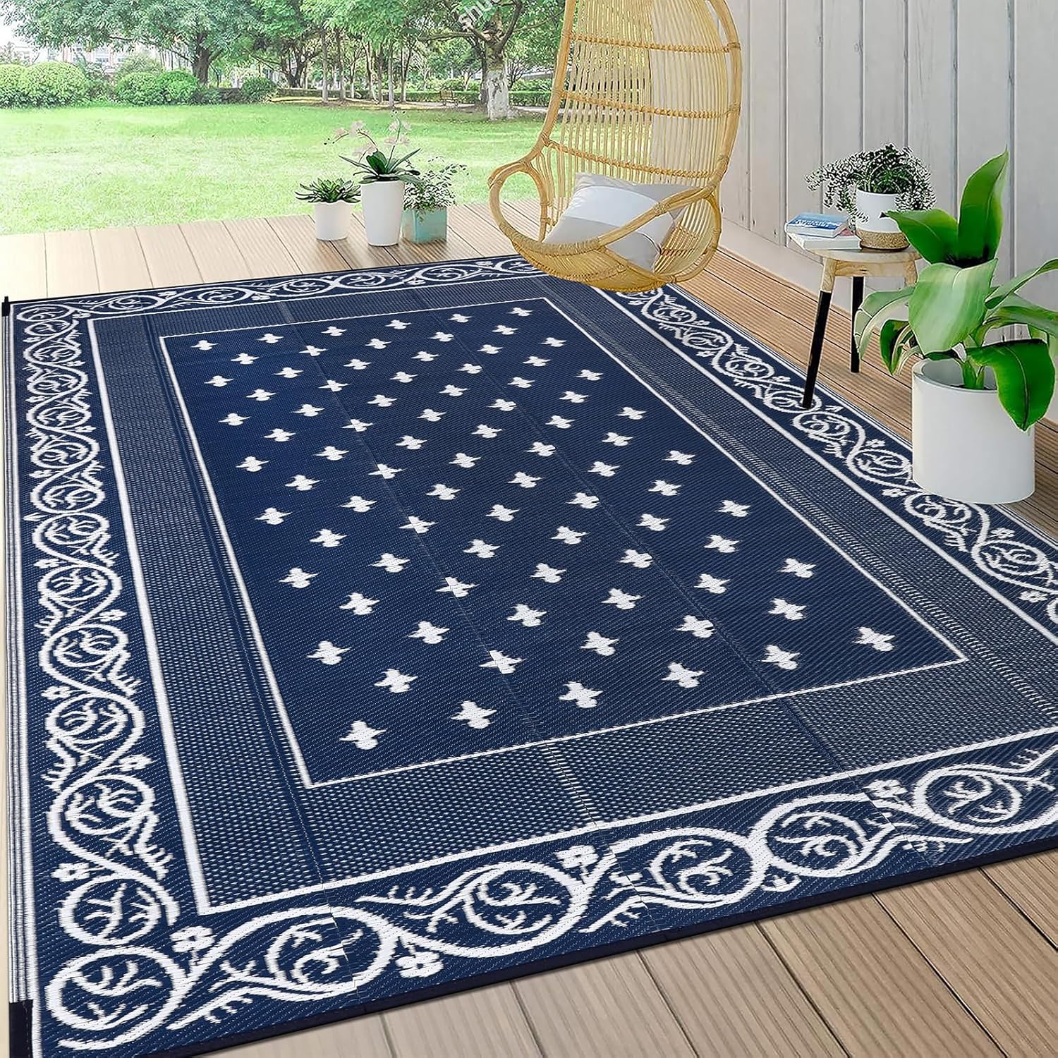 Pauwer Waterproof Outdoor Rug 8x10, Reversible Plastic Straw Patio Camping Rug, Indoor Outdoor RV Mat Carpet for Deck, Camper, Porch, Balcony, Backyard, Picnic, Bordered Navy