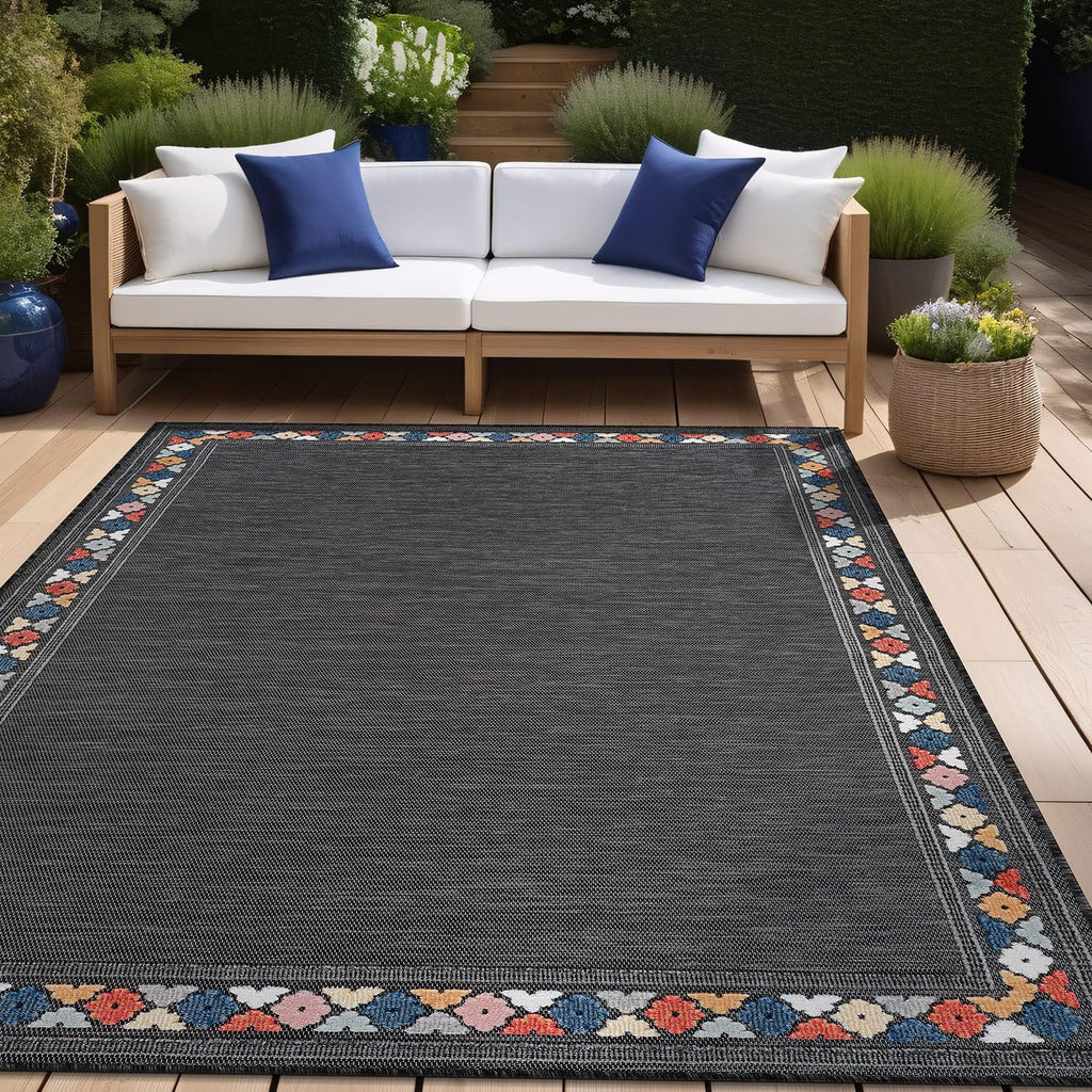 Beverly Rug Outdoor Rug 5x7 Modern Bordered Area Rugs for Indoor and Outdoor Patio Easy to Clean Non Shedding Living Room Porch Garden Washable Outside Carpet (5 x 7 Dark Gray)