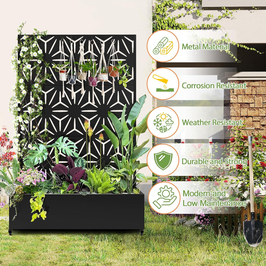 Raised Garden Bed with Trellis and Wheels,73"x47"x16" Metal Raised Garden Bed,Black Star Metal Planter with Climbing Trellis for Vines & Vegetables