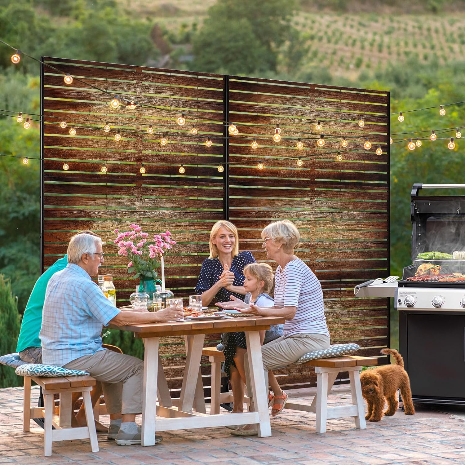 FENCY Metal Outdoor Privacy Screen 72" H×47" W Vintage Wood Color Patio Privacy Screen, Freestanding Decorative for Deck Balcony Patio