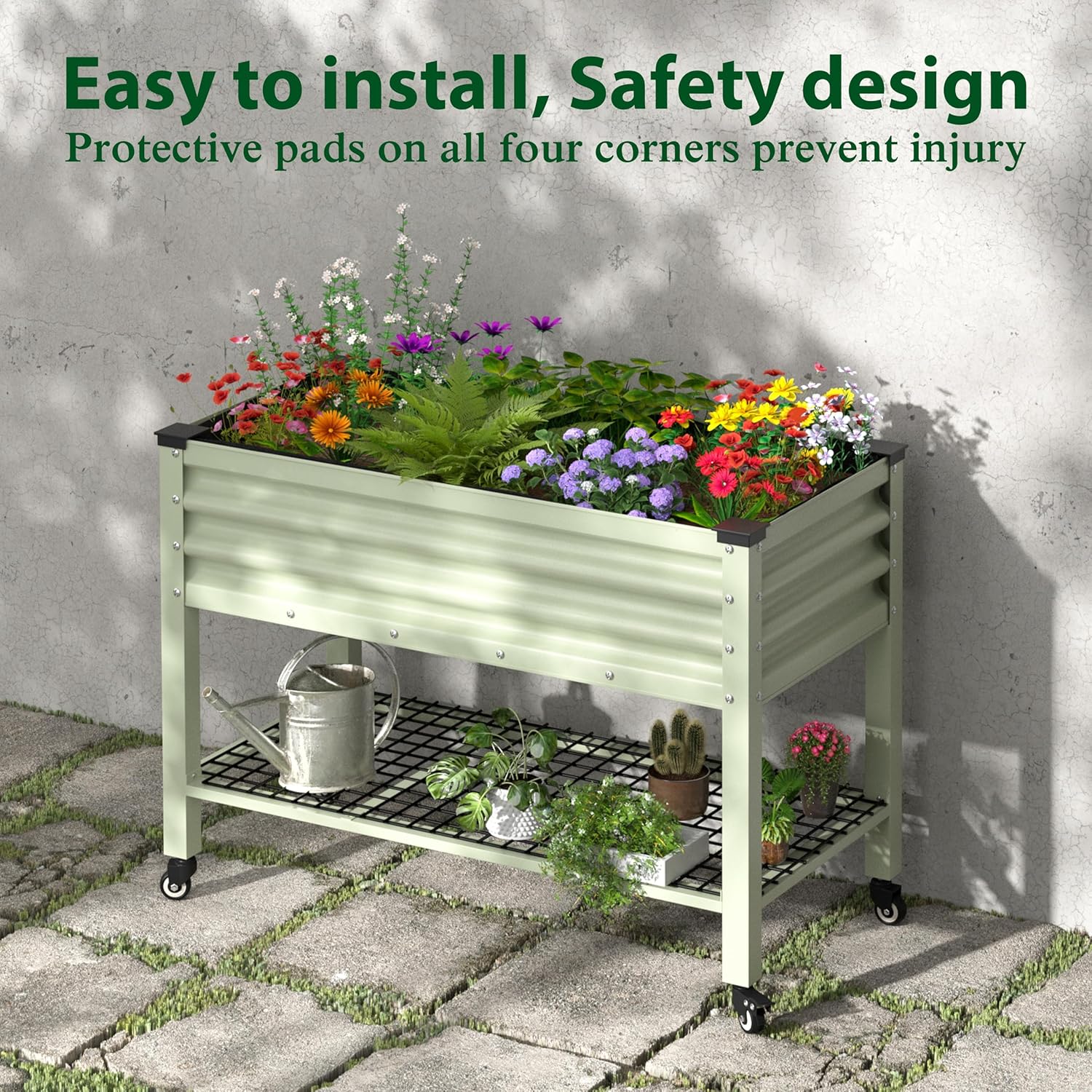 MUPATER 47.8" L x 23.5" W x 33.5" H Galvanized Steel Raised Garden Bed, 507lbs Capacity Large Metal Elevated Raised Planter Box with Rolling Casters & Extra Bottom Shelf for Patio, Balcony, Beige