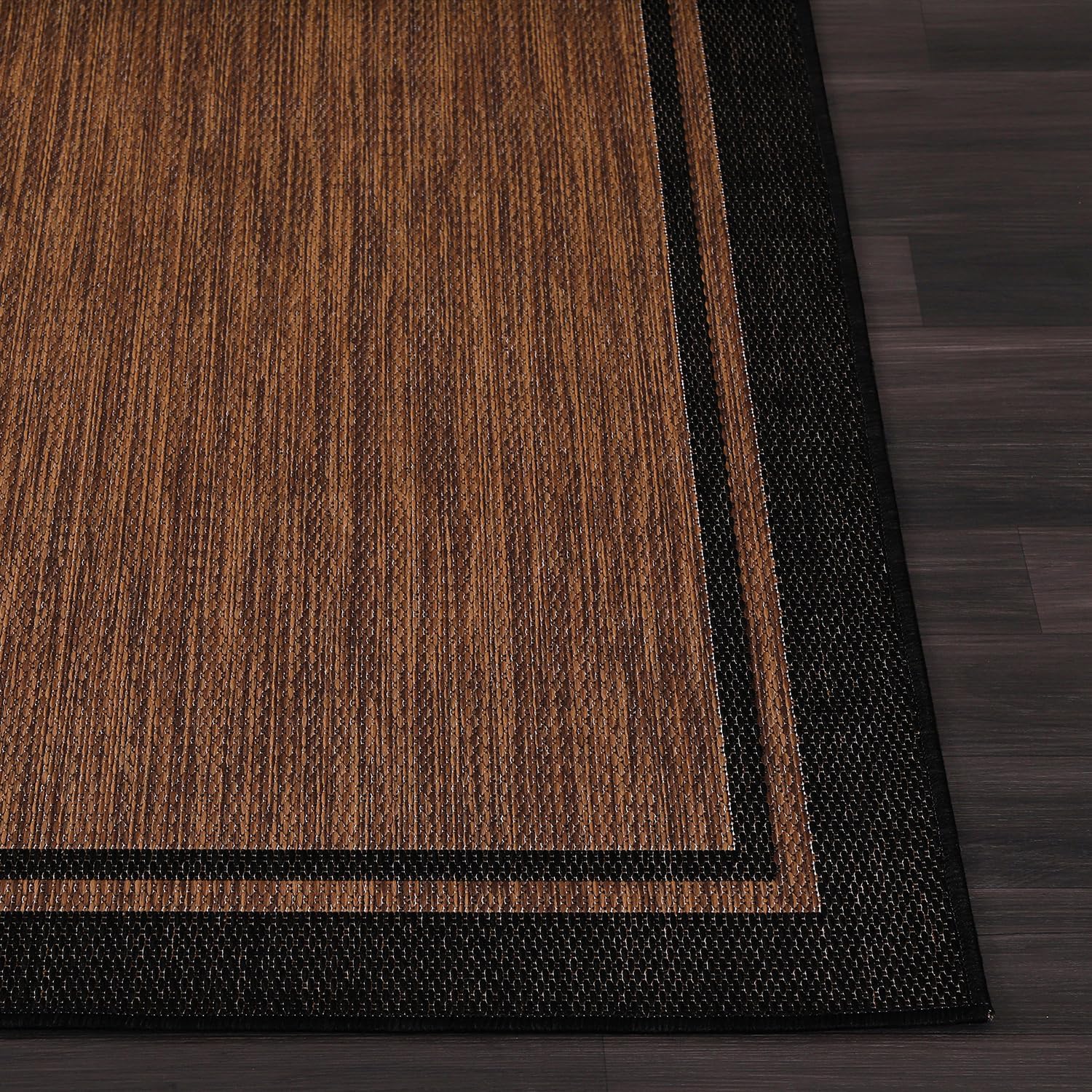 CAMILSON Indoor Outdoor Rug, 6x9 Bordered Nut Brown Black Modern Area Rugs for Indoor and Outdoor Patios, Kitchen and Hallway Mats, Washable Porch Deck Outside Carpet (Bordered Nut Brown Black, 6 x 9)