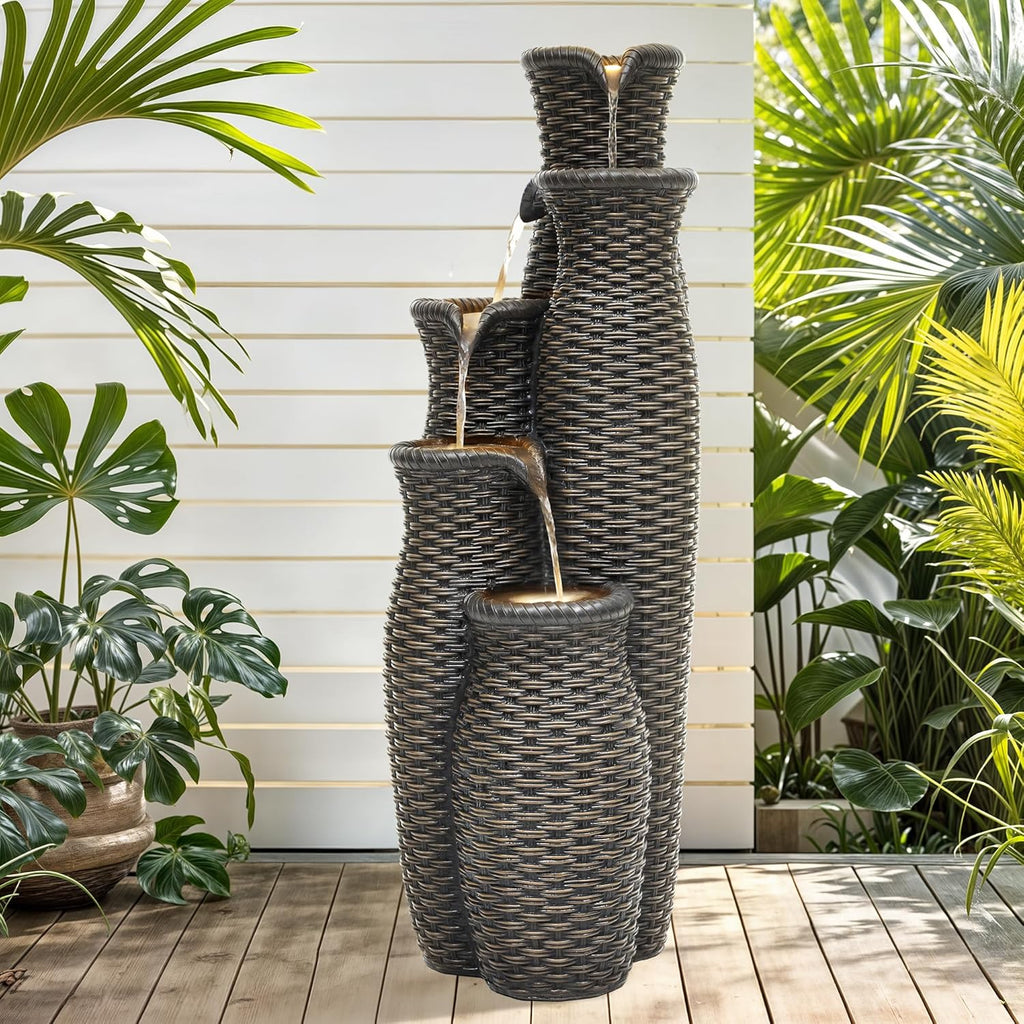 5-Tier Faux Rattan Vase Water Fountain Outdoor with LED Lights, Polyresin Cascading Waterfall Feature, Tranquil Oasis for Garden, Patio, Yard, or Porch