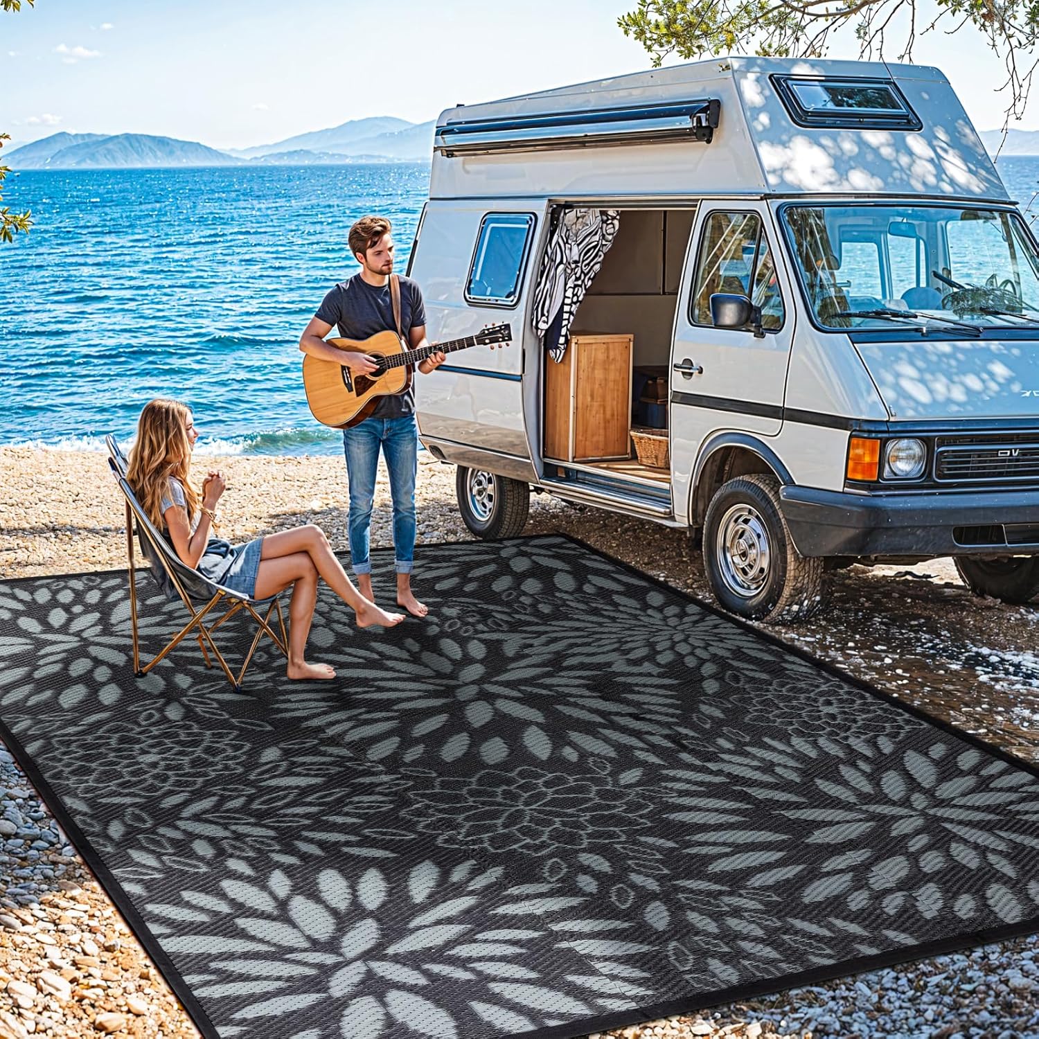 8'x10' Reversible Outdoor Rug - Eco-Friendly Plastic Straw Rug-Heavy-Duty Waterproof Mat, UV & Fade Resistant for Patio, Camping, RV, Deck, Balcony(8x10,Black&Floral)