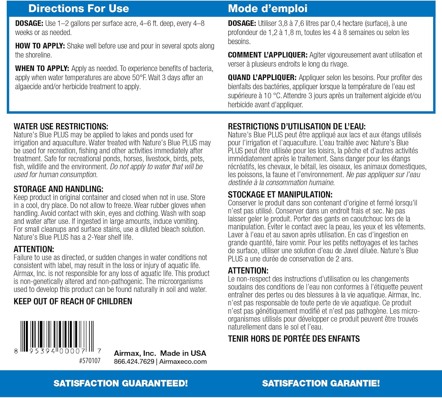 Airmax Pond Dye Plus, Nature's Blue Colorant & Natural Beneficial Bacteria, Large Pond & Lake Water Clarifier & Color Treatment, Shade Plants & Algae from Sunlight, Fish & Livestock Safe, 1 Gallon