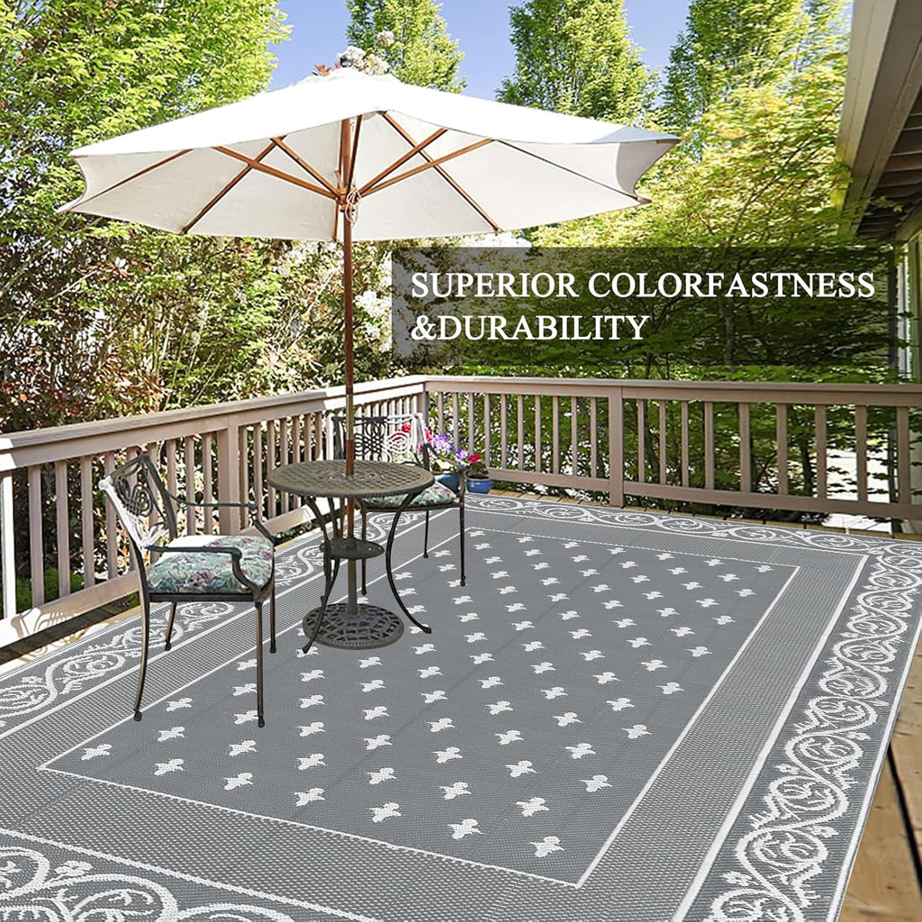 Pauwer Waterproof Outdoor Rug 8x10, Reversible Plastic Straw Patio Camping Rug, Indoor Outdoor RV Mat Carpet for Deck, Camper, Porch, Balcony, Backyard, Picnic, Bordered Grey