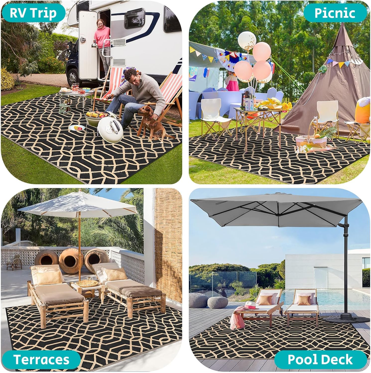 HEBE Outdoor Rug Waterproof 8x10, Reversible Plastic Straw Rug RV Camping Rug, Indoor Outdoor Patio Mat Clearance, Outside Carpet for Porch,Deck,Camper,Balcony,Backyard,Picnic