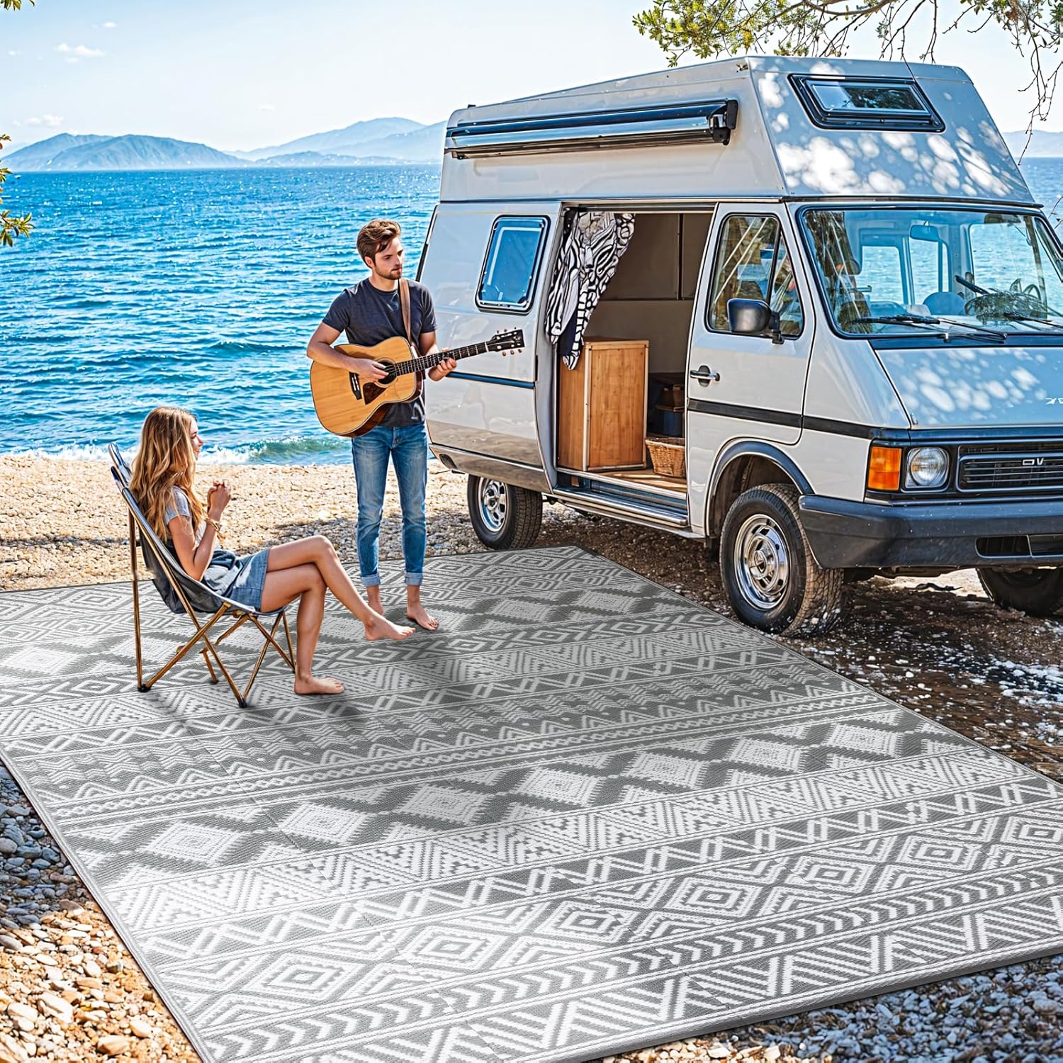 8'x10' Reversible Outdoor Rug - Eco-Friendly Plastic Straw Rug-Heavy-Duty Waterproof Mat, UV & Fade Resistant for Patio, Camping, RV, Deck, Balcony(8x10,Gray&White)